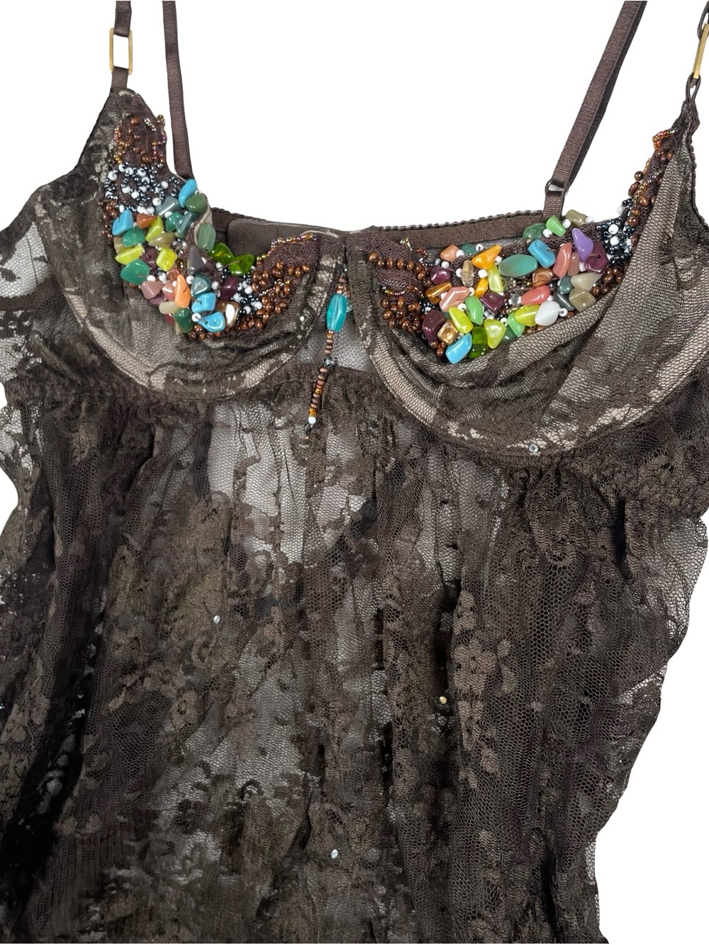 Vintage Victoria's Secret Brown Lace Cami with Multicolor Bead Embellishment
